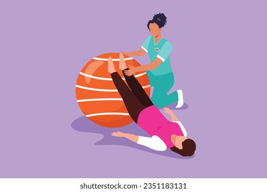 Cartoon flat style drawing physiotherapy rehabilitation isometric composition with pretty female lying on mat, leg on rubber ball with medical assistant. Healthcare. Graphic design vector illustration