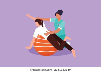 Caricatura de estilo plano dibujando fisioterapia rehabilitación composición isométrica con paciente hembra acostada en pelota de goma con asistente médico. Hospital de salud. Ilustración vectorial de diseño gráfico