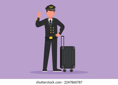 Cartoon flat style drawing of pilot standing with okay gesture and complete uniform, ready to riding or flying airplane for bringing passengers to their destination. Graphic design vector illustration