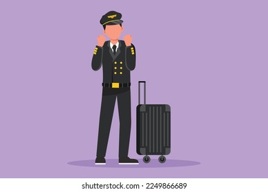 Cartoon flat style drawing pilot standing with celebrate gesture, complete uniform, ready to riding or flying airplane for bringing passengers to their destination. Graphic design vector illustration