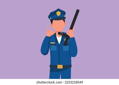 Cartoon flat style drawing policeman holding police baton with call me gesture and in full uniform ready to enforce traffic discipline on highway. Policeman on duty. Graphic design vector illustration