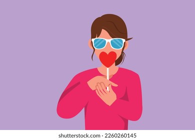 Cartoon flat style drawing portrait young woman wearing sunglasses and heart shaped lollipop blowing red lips sending sweet air kiss  Happy female model studio  Graphic design vector illustration