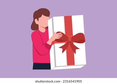 Cartoon flat style drawing portrait of energetic crazy girl hold hug get big white gift box with red ribbon enjoy anniversary event party. Happy woman with big box. Graphic design vector illustration