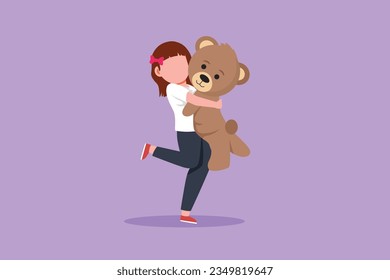 Cartoon flat style drawing portrait of expressive little girl hugging her plush bear friend. Little girl playing with teddy bear. Childhood memories with big toys. Graphic design vector illustration