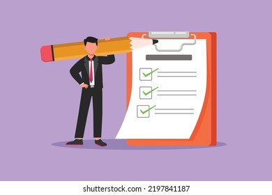 Cartoon flat style drawing positive businessman with huge pencil on his shoulder nearby marked checklist on clipboard paper. Successful completion of business tasks. Graphic design vector illustration