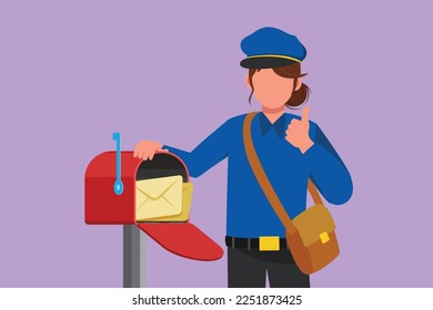 Cartoon flat style drawing postwoman holding envelope on mail box with thumbs up gesture, wearing hat, bag, uniform, working hard to delivery mail to home address. Graphic design vector illustration