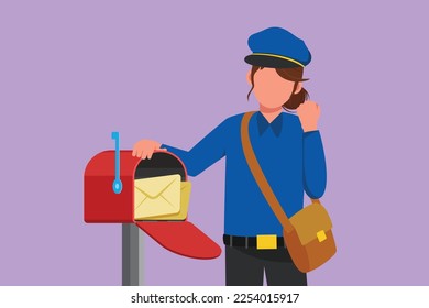 Cartoon flat style drawing postwoman holds envelope on mail box with celebrate gesture, wearing hat, bag, and uniform, working hard to delivery mail to home address. Graphic design vector illustration