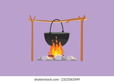 Caricatura de dibujo de estilo plano en la fogata para cocinar comida, hervir agua para té caliente y cuerpo caliente en noche fría. Esparcimiento al aire libre, aventuras en la naturaleza, vacaciones. Ilustración vectorial de diseño gráfico