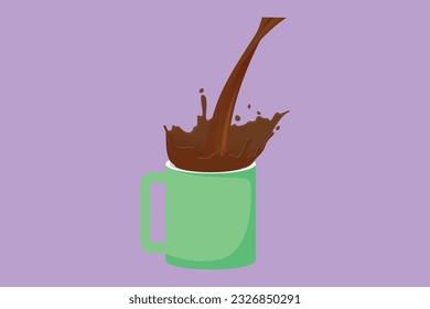Dibujo de caricatura de estilo plano vertiendo vidrio negro de café en una taza de vidrio. Té o café caliente en el logo, icono, símbolo de la taza. Bebida refrescante en las vacaciones de invierno. Ilustración vectorial de diseño gráfico