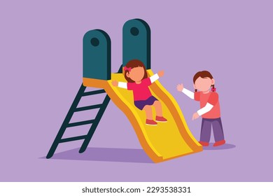 Cartoon flache Zeichnung von Preschool Mädchen rutschen Schieben und glückliche Freundin sehen sie auf der Seite der Folie. Kinder, die zusammen auf dem Spielplatz im Vergnügungspark spielen. Grafikdesign, Vektorgrafik
