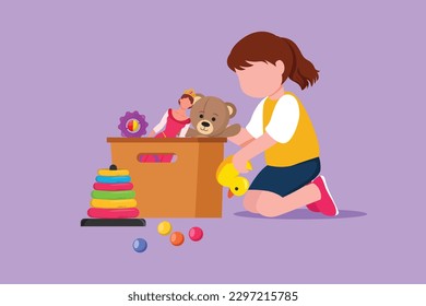 Cartoon flat style drawing pretty little girl putting her toys into box. Active kids doing housework chores at home concept. Smiling child storing her toys in box. Graphic design vector illustration