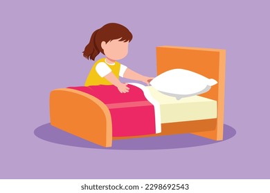 Cartoon flat style drawing pretty little girl making the bed at morning time. Kids doing housework chores at home. Kids routine after waking up to tidy up the bed. Graphic design vector illustration