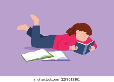 Cartoon flat style drawing pretty little girl is reading book and lying on floor. Kids with pile of books. Source of knowledge. Intelligent student studying alone. Graphic design vector illustration