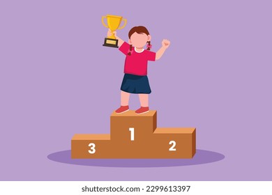 Cartoon flat style drawing pretty little girl standing on podium as sport competition winner. Championship celebration ceremony. Happy cute kid win game gold trophy. Graphic design vector illustration