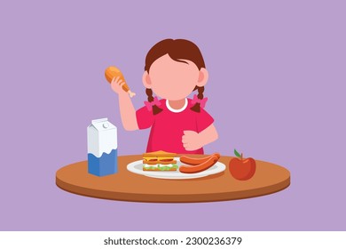 Cartoon flat style drawing pretty little girl eating healthy morning breakfast food. Happy children eat delicious food with milk at home. School girl enjoying dish. Graphic design vector illustration