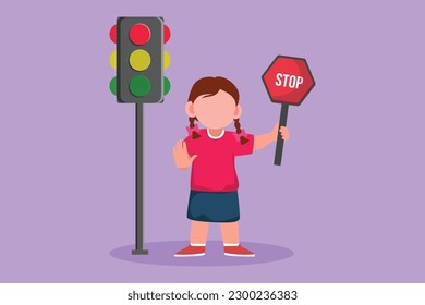 Cartoon flat style drawing pretty little girl holding stop sign in arm standing near road, pedestrian rules for kids, traffic light concept. Child holding stop sign. Graphic design vector illustration