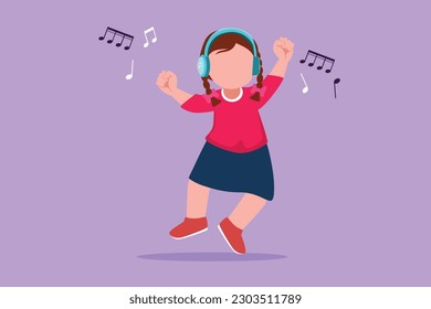 Caricatura de estilo plano dibujando a una niña linda escuchando música con auriculares en la cabeza. Niños con audífonos y audífonos, escuchando música y bailando. Ilustración vectorial de diseño gráfico