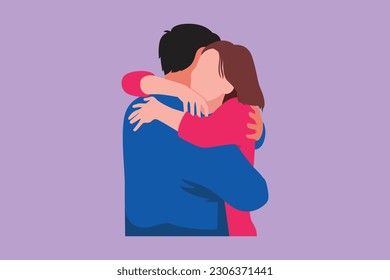 Caricatura de estilo plano dibujando a una linda chica está abrazando a un chico con una sonrisa. Un hombre alegre abrazando y abrazando a una mujer. Personajes románticos de citas. Feliz concepto familiar. Ilustración vectorial de diseño gráfico