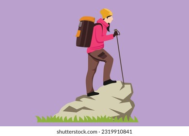 Cartoon flach gezeichnete hübsche Frau, die auf die Klippe oder den Berg klettert. Sonnige Wanderer, Touristen oder Kletterer einzeln auf blauem Hintergrund. Fröhliches Mädchen beim Wandern oder Trekking. Grafikdesign, Vektorgrafik