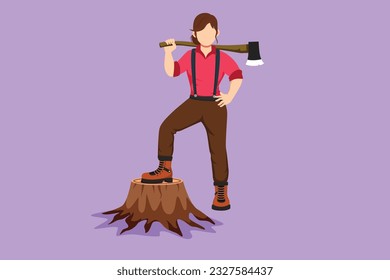 Dibujo de caricatura de estilo plano de una bonita jota de madera con camisa, jeans, botas. Sujetando sobre su hombro un hacha posando con un pie sobre un trozo de árbol. Chica fuerte con hacha. Ilustración vectorial de diseño gráfico