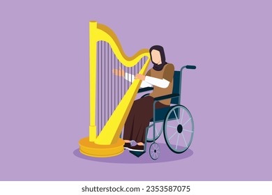 Cartoon flat style drawing pretty Arab woman sitting in wheelchair plays harp in concert. Disability and classical music. Physically disabled. Rehabilitation center. Graphic design vector illustration