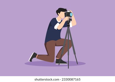 Cartoon flat style drawing professional photographer man kneeling for taking pictures with digital camera and tripod. Digital photography hobby logo, icon, symbol. Graphic design vector illustration