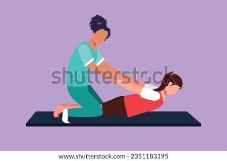Cartoon flat style drawing of professional therapist practicing massage therapy. Woman patient enjoying wellness spa body treatment. Rehabilitation, physiotherapy. Graphic design vector illustration