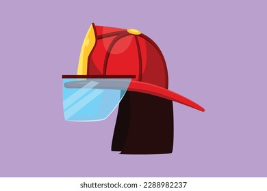 Caricatura de estilo plano dibujando casco rojo de bombero con vidrio protector. Equipo para bomberos o voluntarios. Herramienta e instrumento profesional de extinción de incendios. Ilustración vectorial de diseño gráfico