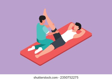 Cartoon flat style drawing rehabilitation center, medical treatment concept. Massage therapy. Male physiotherapist giving leg massage to patient lying on the floor. Graphic design vector illustration