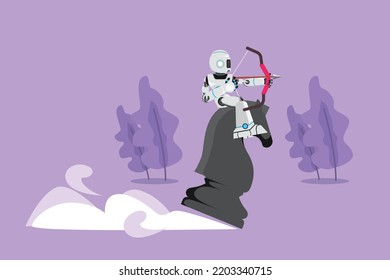 Cartoon flat style drawing of robot holding archery aiming target while riding chess knight piece. Strategic win competition. Modern robotic artificial intelligence. Graphic design vector illustration