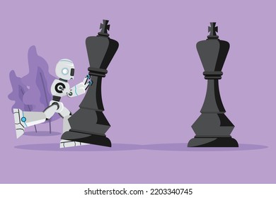 Cartoon flat style drawing robot pushes big king chess pieces to defeat opponent king. Strategic movement. Robotic artificial intelligence. Technology industry. Graphic draw design vector illustration
