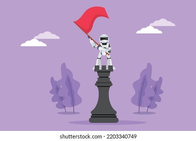 Dibujo plano de caricatura de un robot parado encima de un gran ajedrez rocoso y ondeando una bandera. Liderazgo exitoso. Inteligencia artificial robótica. Industria tecnológica. Ilustración vectorial de diseño gráfico