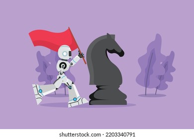Cartoon flat style drawing robot running and holding flag beside big horse knight chess. Winning competition. Robotic artificial intelligence. Technology industry. Graphic design vector illustration