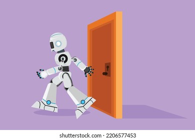 Cartoon flat style drawing robot walking and leaving closed door. Business tech ventures industry. Entering startup market. Modern robotic artificial intelligence. Graphic design vector illustration