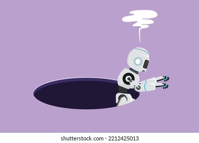 Cartoon flat style drawing robot trying to get out of from the hole, metaphor to facing big problem. Robotic artificial intelligence. Electronic technology industry. Graphic design vector illustration