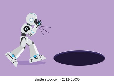 Robot plano de caricatura grita en un agujero de pozo. Oportunidad de negocio tecnológico. Tecnología de inteligencia artificial robótica moderna. Industria de la tecnología electrónica. Ilustración vectorial de diseño gráfico