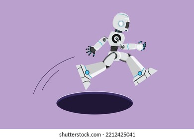 Cartoon Flat Style Drawing Robot Jump Through Hole. Business Struggles In Market Competition. Modern Robotic Artificial Intelligence. Electronic Technology Industry. Graphic Design Vector Illustration