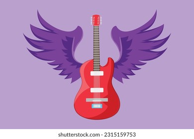 Dibujo de estilo plano de roca y enrollar guitarra eléctrica con alas. Etiqueta vintage, icono, guitarra de logotipo para la actuación musical. Cartel de rock para el logo del festival de música. Ilustración vectorial de diseño gráfico