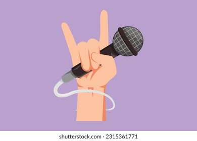 Cartoon flat style drawing rock hand gesture holding microphone with live rock caption logo icon. Rock and roll music live concert or party poster or flyer concept. Graphic design vector illustration