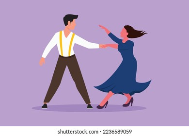 Cartoon flat style drawing of romantic man and woman performing dance at school, studio, party. Male and female characters dancing tango at Milonga. Couple dancing. Graphic design vector illustration