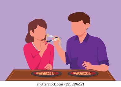 Cartoon flat style drawing romantic couple eating noodle together. Young happy man and woman characters sitting at table eating fresh Italian cuisine pasta noodles. Graphic design vector illustration