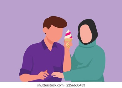Cartoon flat style drawing romantic Arab couple standing   sharing ice cream cone  Celebrate anniversaries  enjoying fast food snack at restaurant  Sweet dessert  Graphic design vector illustration