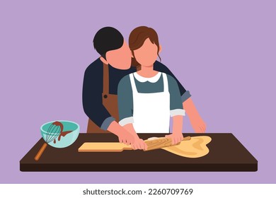 Cartoon flat style drawing romantic couple looking at each other while rolling soft dough during pastry preparation in cozy kitchen at home. Family cooking together. Graphic design vector illustration