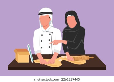 Cartoon flach gezeichnet romantische arabische Paar Kochen zusammen und beobachten Tutorial von Gadget Tablet Bildschirm. Lernen Sie mit moderner digitaler Technologie kochen. Grafikdesign, Vektorgrafik