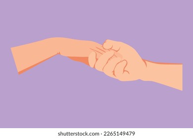Cartoon flat style drawing of romantic man and woman holding hands each other. Sign or symbol of love, caring, friendship, relationship. Hand gestures communication. Graphic design vector illustration