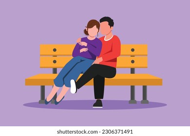 Cartoon flat style drawing romantic couple on bench in city park. Happy man hugging and embracing woman at outdoor park. Couple dating celebrate wedding anniversary. Graphic design vector illustration