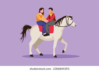 Cartoon flat style drawing romantic couple in love riding horse and looking face to face. Happy cute couple getting ready for wedding. Engagement and love relation. Graphic design vector illustration