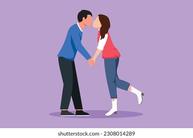 Cartoon flat style drawing romantic of male and female couple with lips locked in kiss. Happy beauty couple lovers kissing and holding hands. Man and woman in love. Graphic design vector illustration