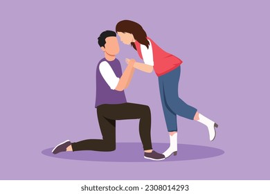 Cartoon flat style drawing romantic male kneel and kissing cute female. Couple lovers kissing and holding hands. Happy man and woman celebrating wedding anniversary. Graphic design vector illustration