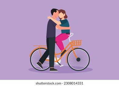 Cartoon flat style drawing romantic couple sitting on bicycle and kissing each other. Love relations, love story, newlywed family in honeymoon traveling adventure. Graphic design vector illustration